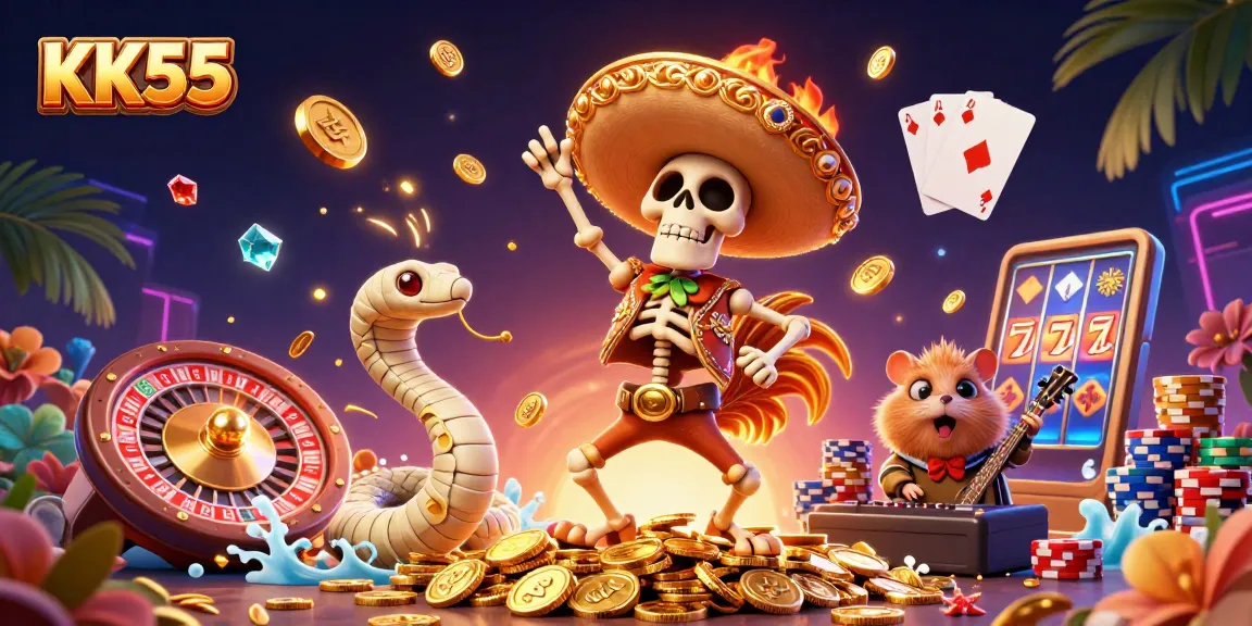KK55 illustration showcasing vibrant casino elements with a fun rooster and mummy characters celebrating winnings.