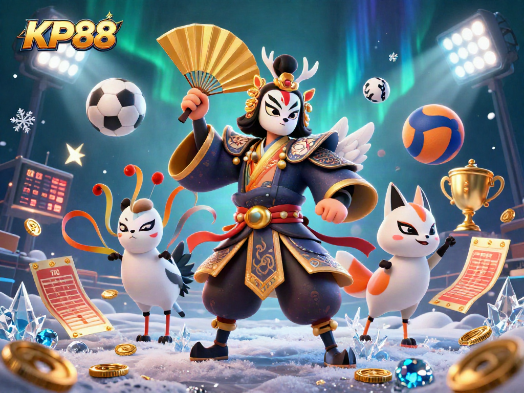 Bet on KP88 with a dynamic scene featuring a kabuki warrior and sports elements in a casino setting.