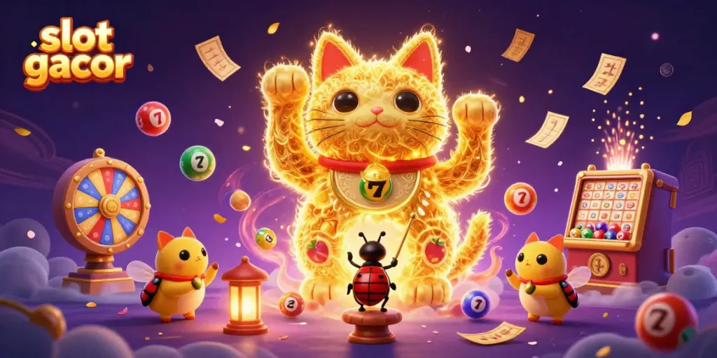 Engage in vibrant slot gacor fun with a lucky cat and colorful casino symbols.