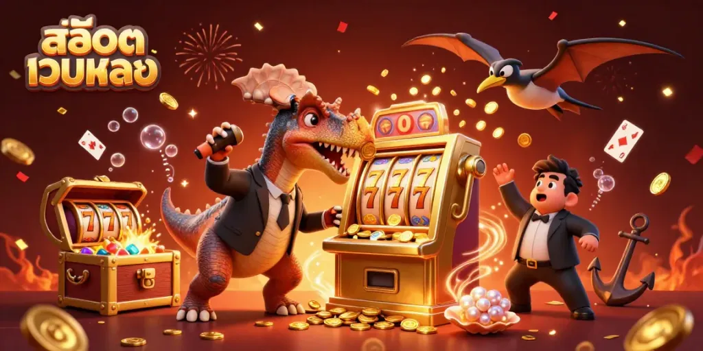 Experience exciting สล็อตเว็บตรง action with a pachycephalosaurus winning jackpots alongside dynamic casino elements.