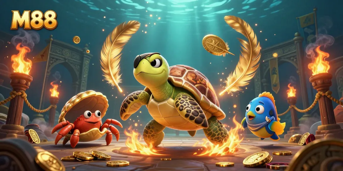 M88 showcases thrilling online betting with a vibrant scene featuring a pirate turtle, crab, and fish amidst mysterious treasures.