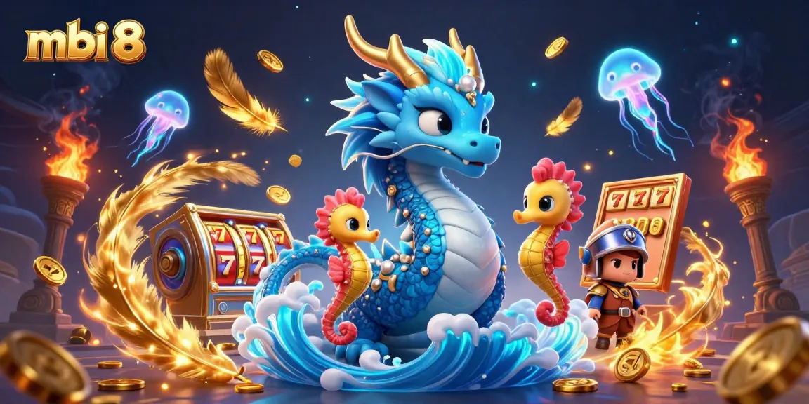 Spin the reels at mbi 8 with vibrant casino imagery featuring dynamic slot machines and sea creatures.
