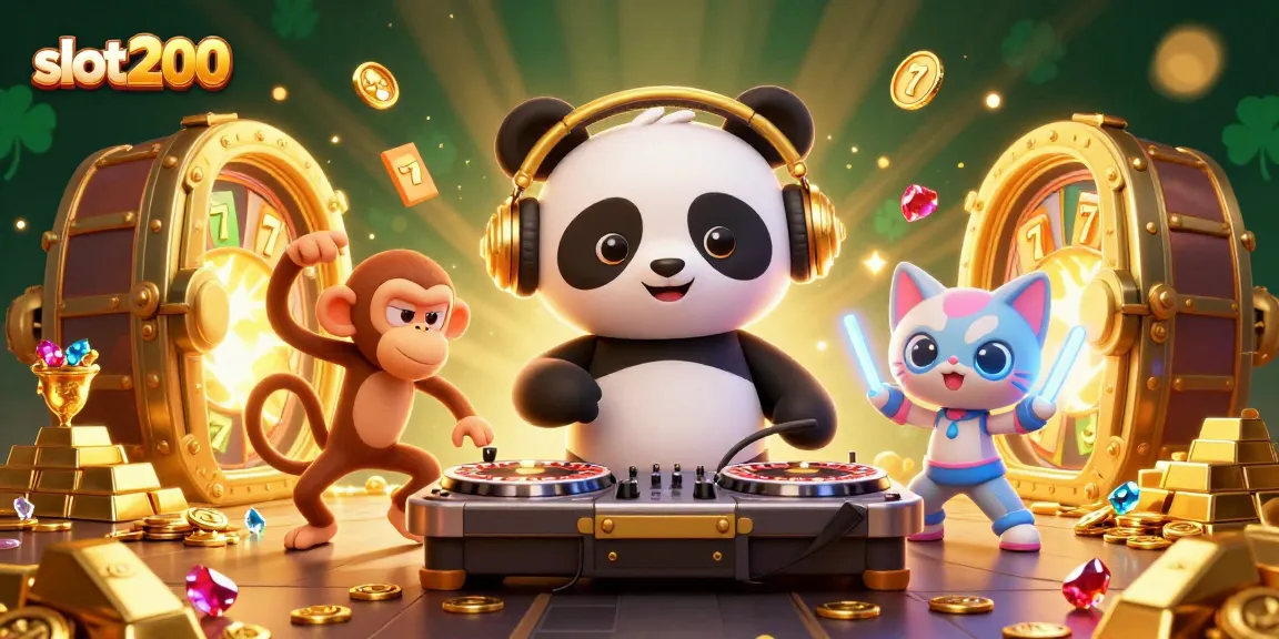 Slot200 menampilkan DJ panda 3D, monyet breakdance, dan kucing rave dikelilingi harta berkilau.
