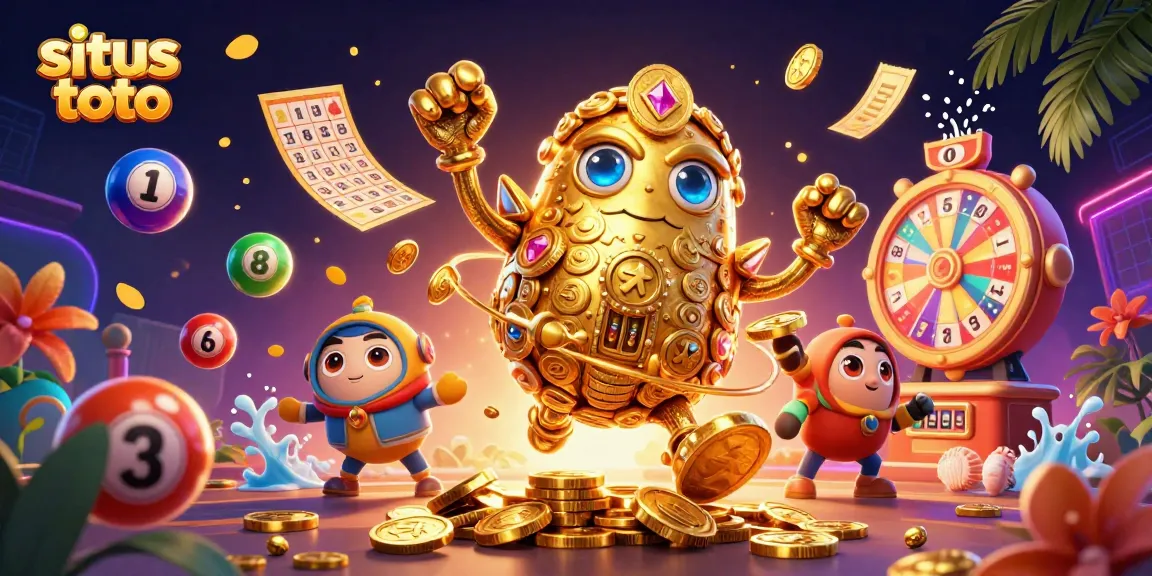 Experience thrilling situs toto gameplay with a dynamic golden golem surrounded by colorful lottery balls and prizes.