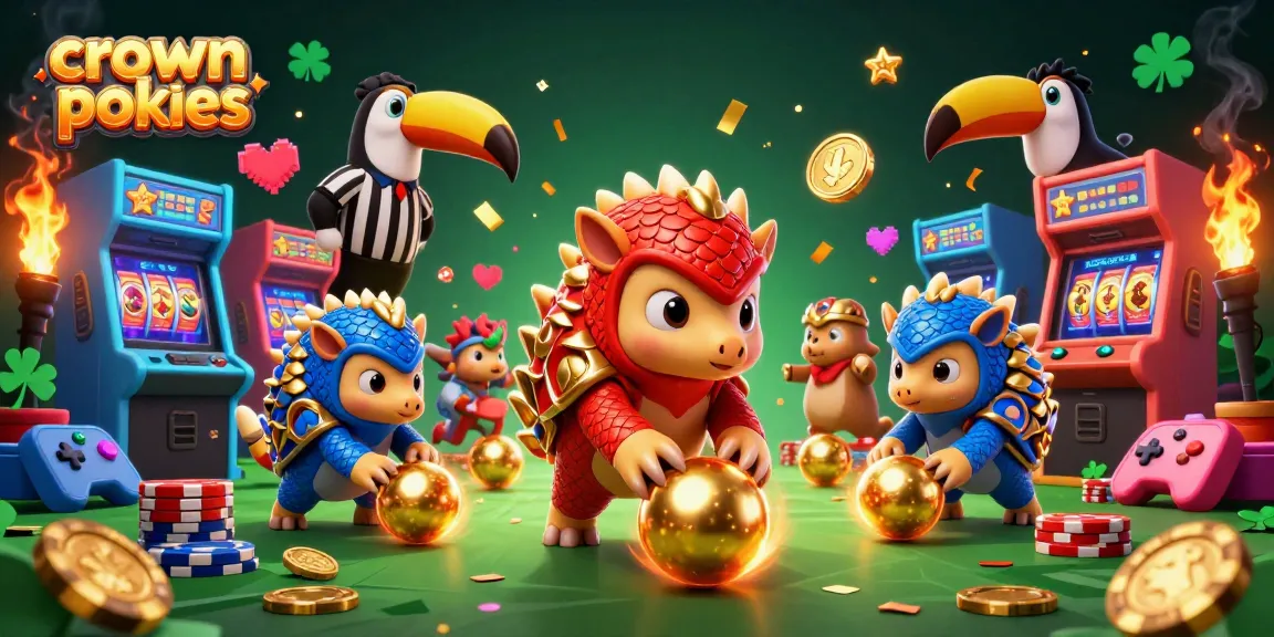 Crown pokies scene showcasing rival pangolins bowling through poker chips, creating vibrant casino energy
