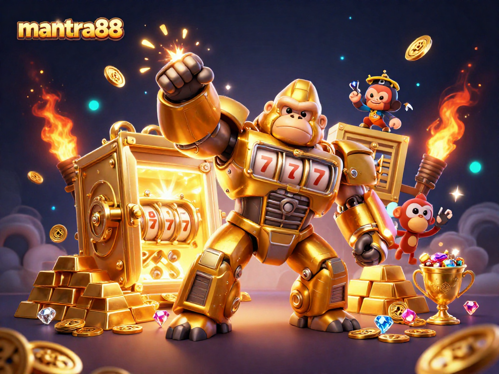 Win big with mantra88 in this vibrant illustration of a golden gorilla mech surrounded by treasures.