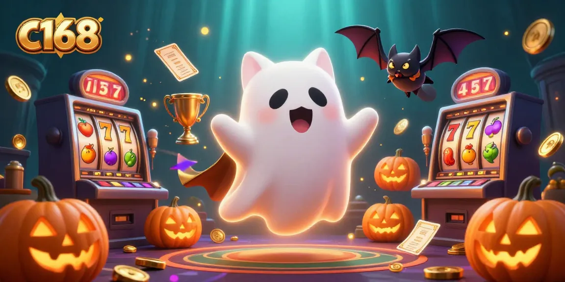 Experience the thrilling c168 casino ambiance with a ghost cat and vampire bat in a haunted setting.