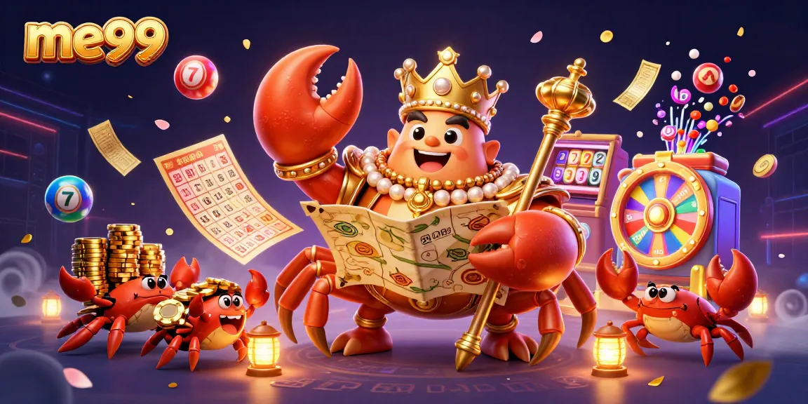 Experience me99's vibrant gaming world with a golden crab emperor amidst bursting lottery excitement.