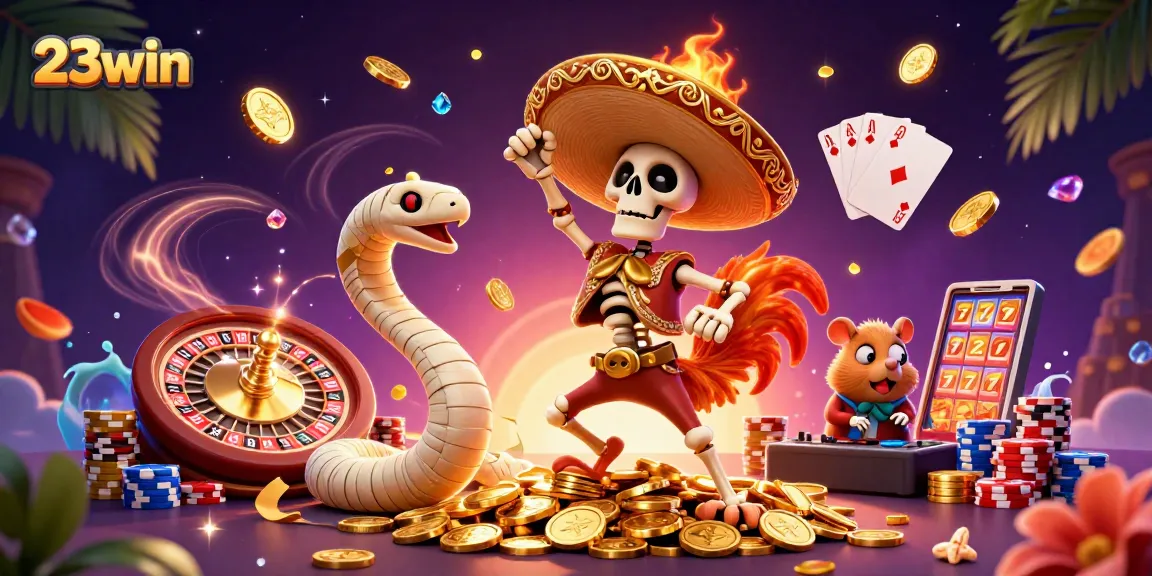 Win big with 23win's vibrant casino scene featuring a lively mariachi rooster and treasures.