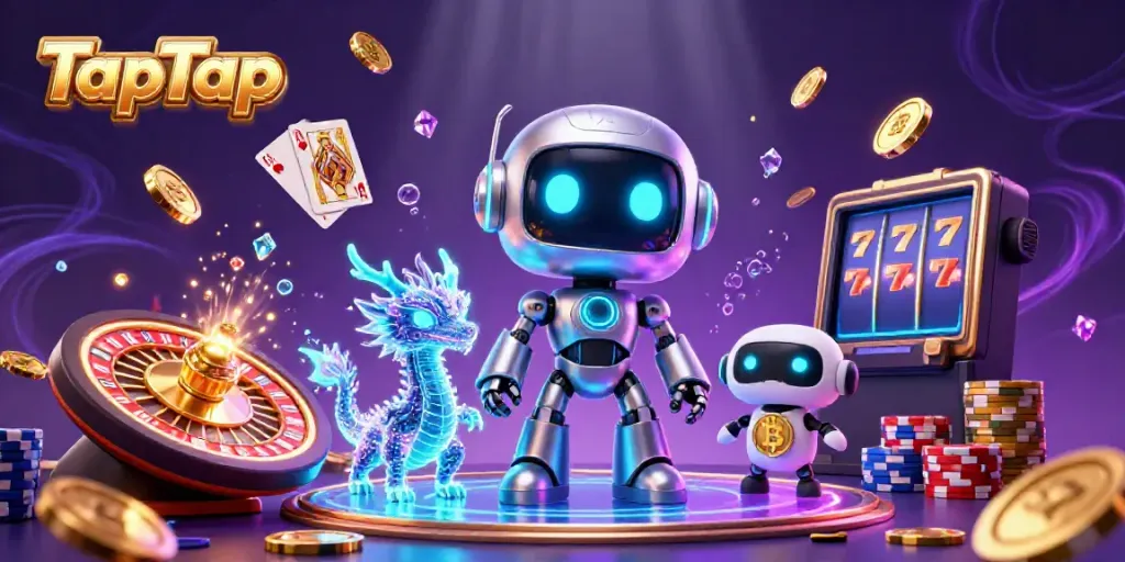 Engage with TapTap gaming adventures alongside a futuristic robot and holographic AI dragon.