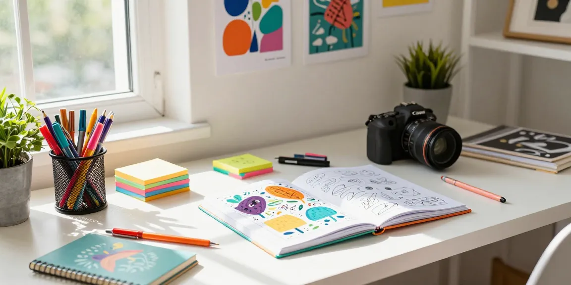 Designer using custom printed notebooks in a vibrant workspace with colourful stationery elements.