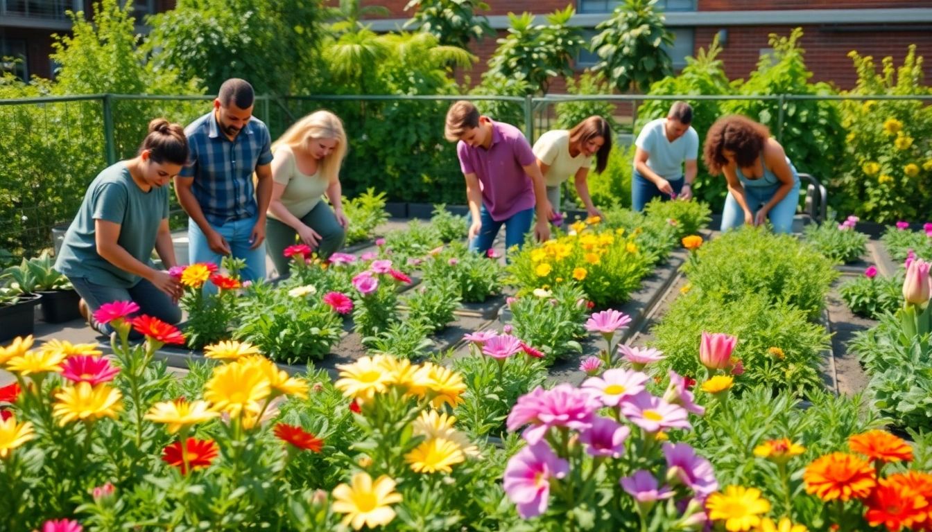 Gardening in a community context, featuring diverse individuals planting vibrant flowers and vegetables.