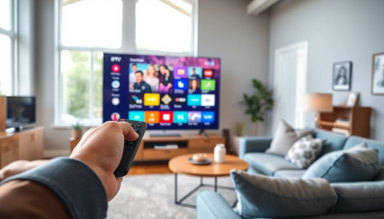 Explore various IPTV services in a cozy living room setting with a sleek TV.