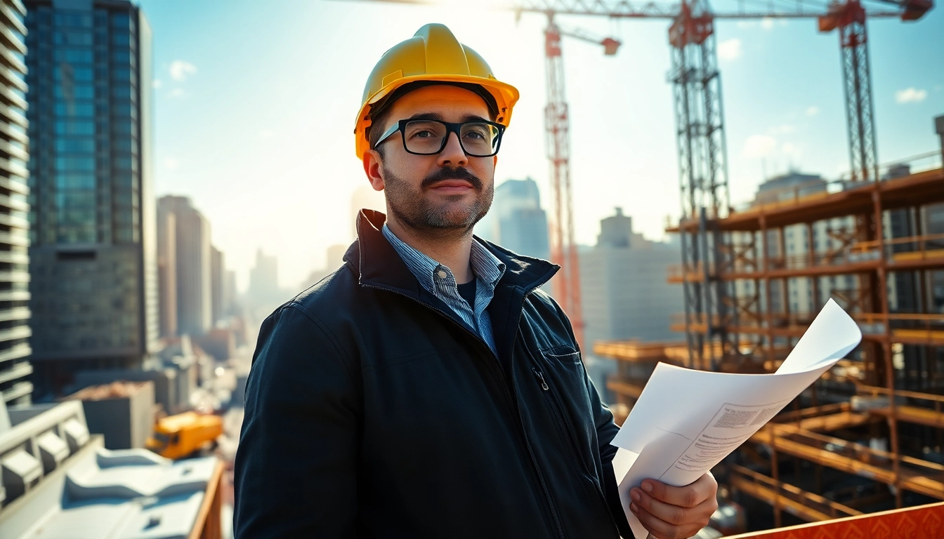 New York Construction Manager directing a bustling urban construction site with cranes.