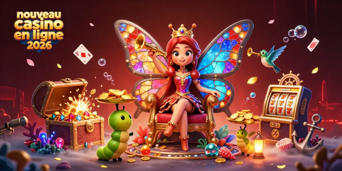 Visualisation du nouveau casino en ligne 2026 avec la reine papillon et des éléments de jeu captivants.