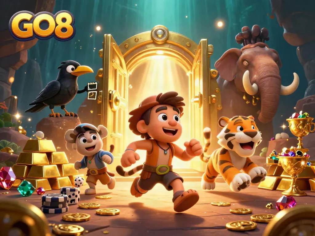 Experience the thrilling GO8 casino with lively characters, treasure, and dice action.