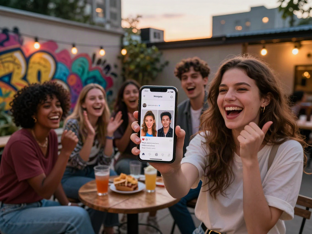 Friends joyfully discovering their celebrity look alike through a smartphone app in an urban setting, showcasing fun interactions and modern social experiences.