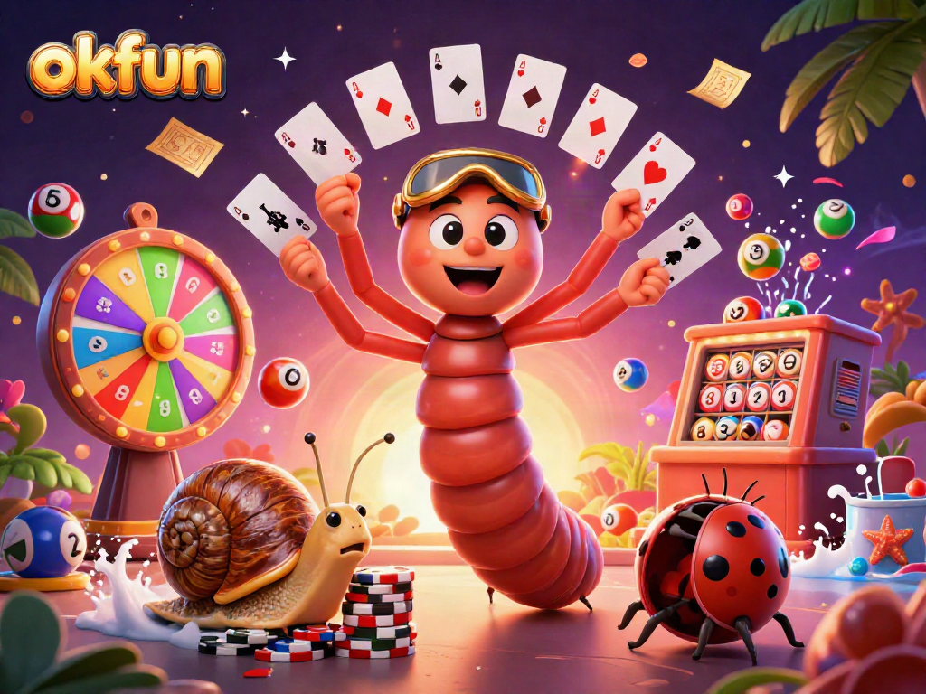 Experience the thrill of okfun casino games with a dynamic scene showcasing a cartoon millipede dealer and exciting visual elements.