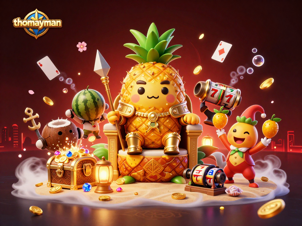 Engage with thomayman at a vibrant beach casino featuring a golden pineapple king and dynamic game elements.