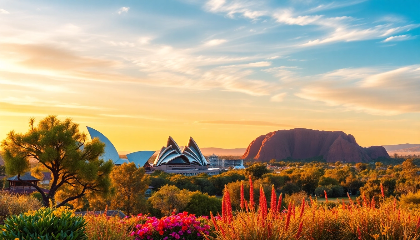 A breathtaking view of Australia’s diverse landscape including Sydney Opera House and Uluru.