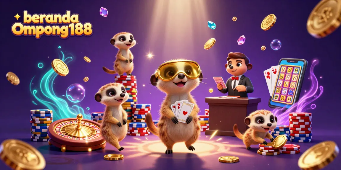 Meerkats mengelola operasi kasino berlimpah di "beranda Ompong188", dikelilingi koin emas.