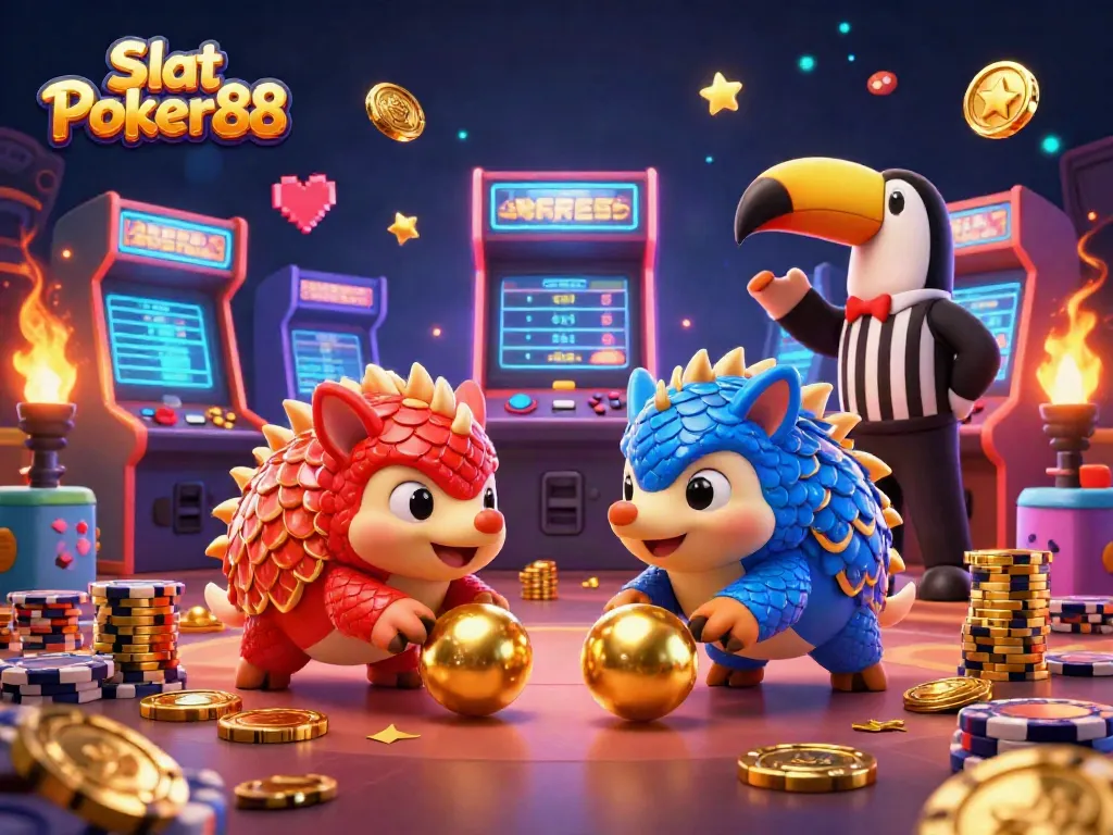 Experience the thrill of Slot Poker88 with animated pangolins, vibrant colors, and engaging casino elements.
