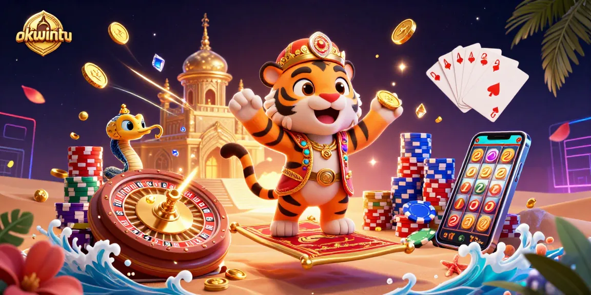 Experience thrilling live sports streaming with okwintv's vibrant 3D casino-themed illustration featuring exciting gaming elements.