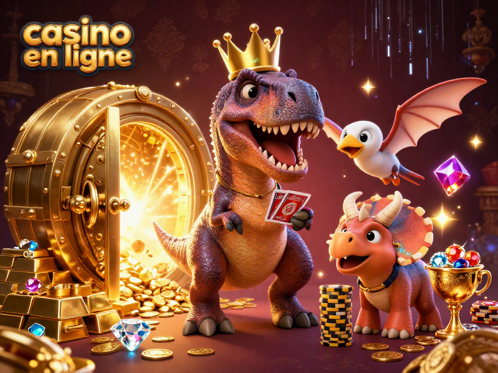 Un casino en ligne illustré par un T-Rex en couronne jouant aux cartes avec un pterodactyle, entouré de trésors brillants.