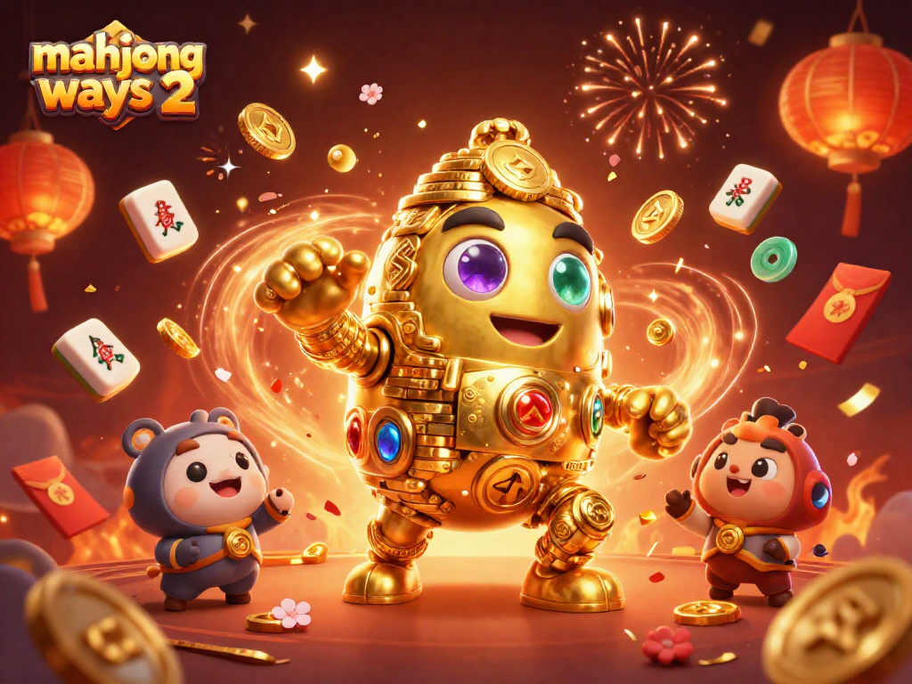 Play mahjong ways 2 with the golden golem and festive casino elements surrounding it.