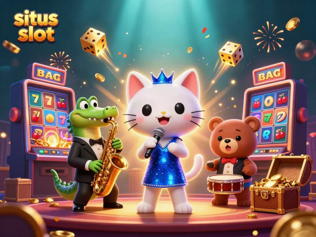 Experience situs slot excitement with a vibrant 3D casino scene featuring animated characters and jackpot elements.