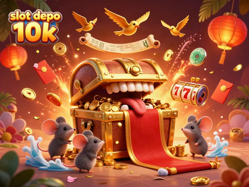 Engage with the thrilling adventure of slot depo 10k as mice chase treasures from a golden chest surrounded by lively casino elements.