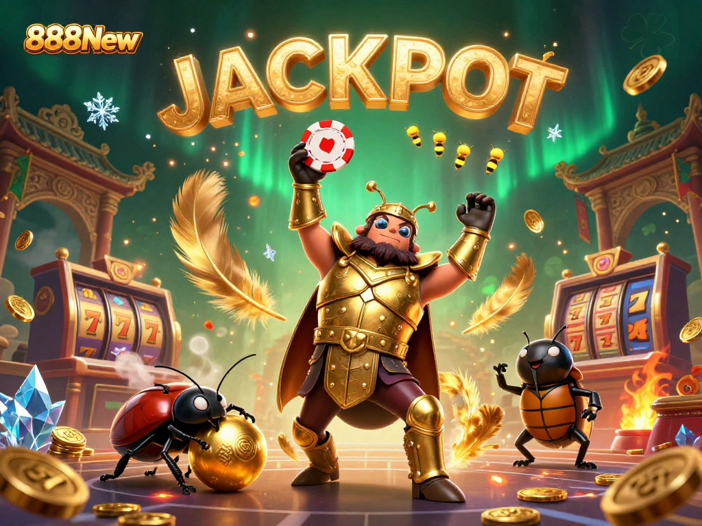 Join the excitement of 888New as the triumphant beetle celebrates a jackpot victory in a vibrant casino scene.
