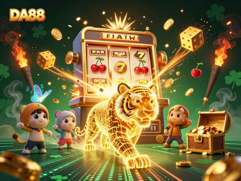 Experience thrilling jackpots at DA88 with our colorful slot machine and casino scene.