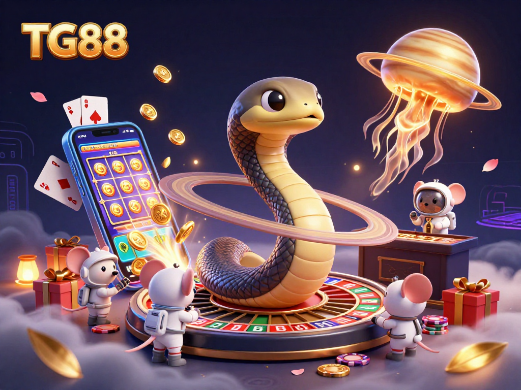 Engage with the TG88 casino experience, as playful astronaut mice bet on a roulette ring while a golden jellyfish deals.