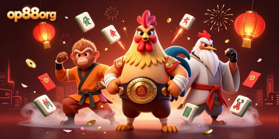 Bet on excitement with op88org in this vibrant 3D casino-themed illustration featuring martial arts characters.