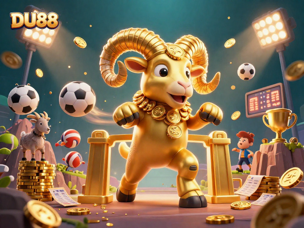 Experience winning at DU88 with a dynamic scene featuring a golden ram and vibrant sports elements.