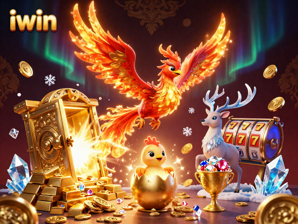 Experience thrilling gaming adventures at iwin, where a majestic phoenix soars amidst vibrant slots and treasures.