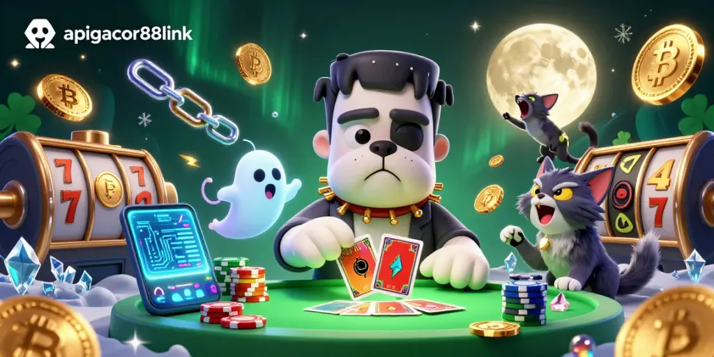 Engage with the vibrant apigacor88link casino scene featuring a playful bulldog monster and a magical kitten.