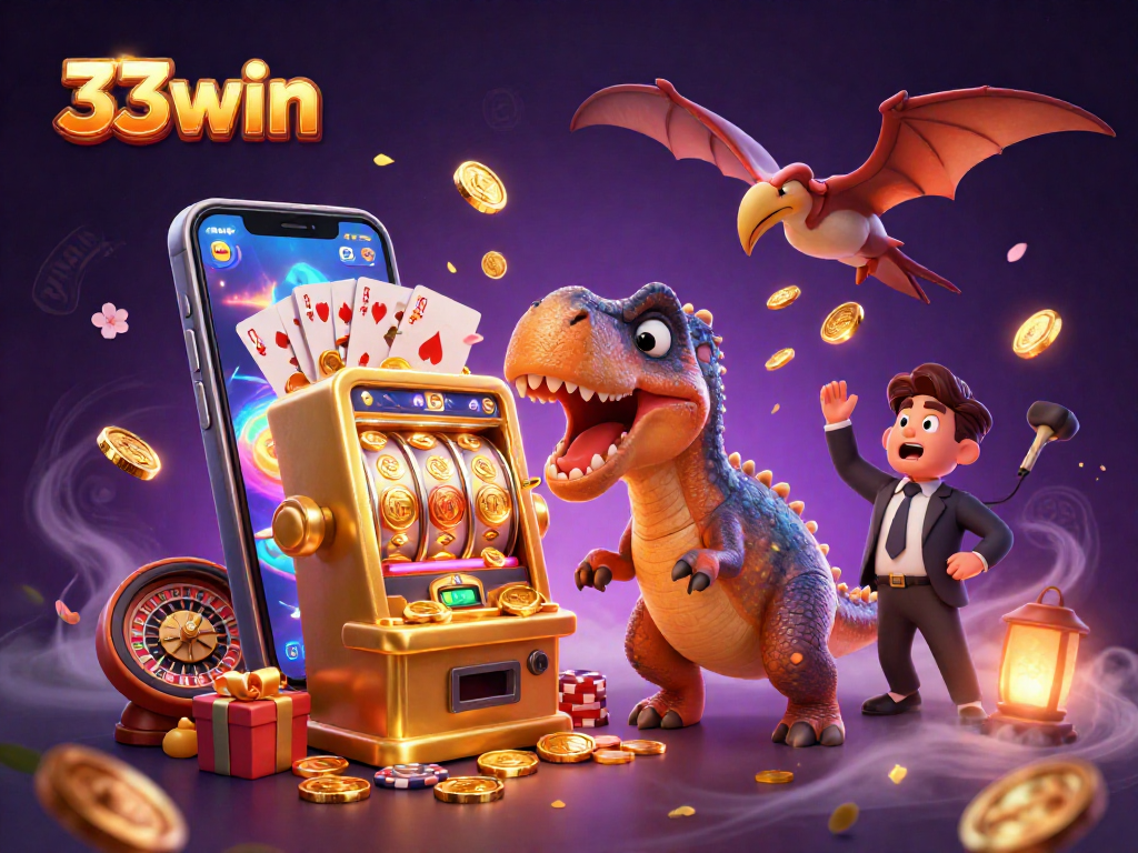33win's vibrant casino scene with cartoon characters engaging in a jackpot spectacle.
