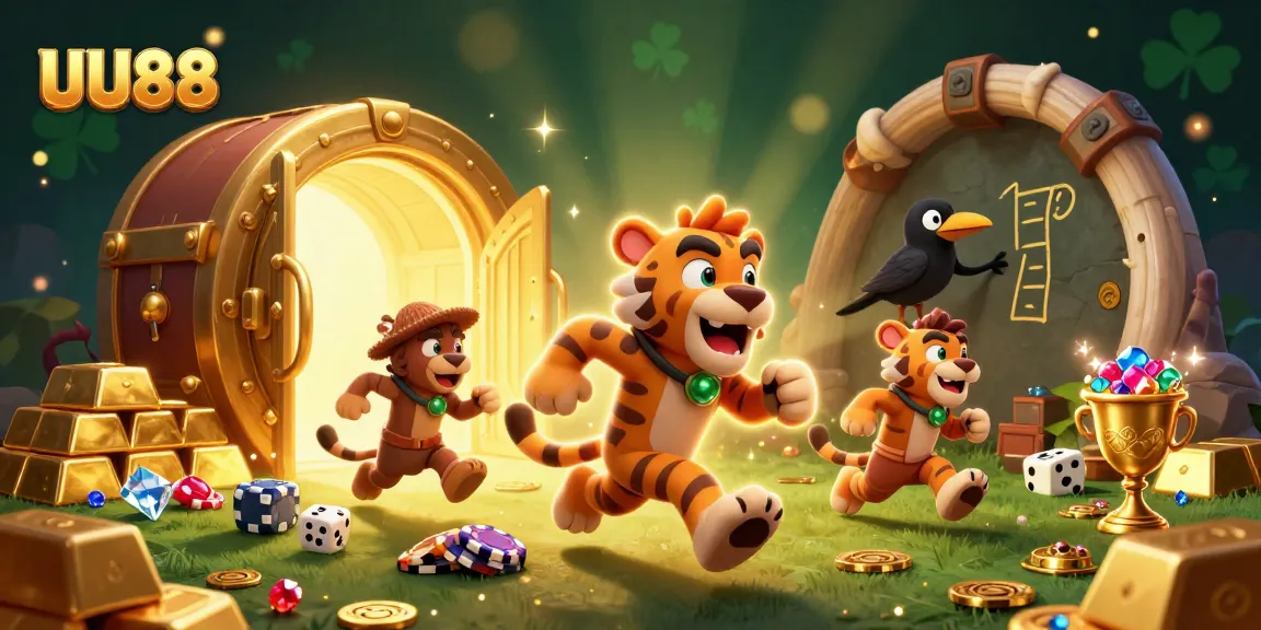 Experience thrilling wins at UU88 with a vibrant prehistoric casino adventure featuring bold characters and sparkling treasures.