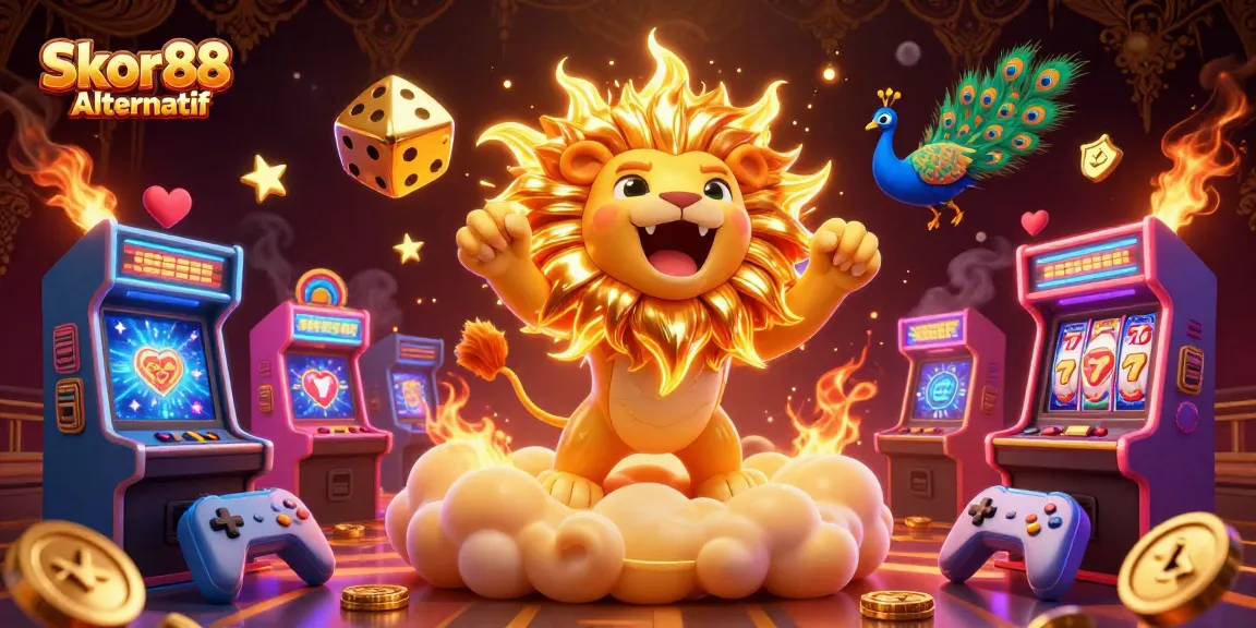 Engage with Skor88 Alternatif through an immersive 3D illustration showcasing casino elements and vibrant gaming action.