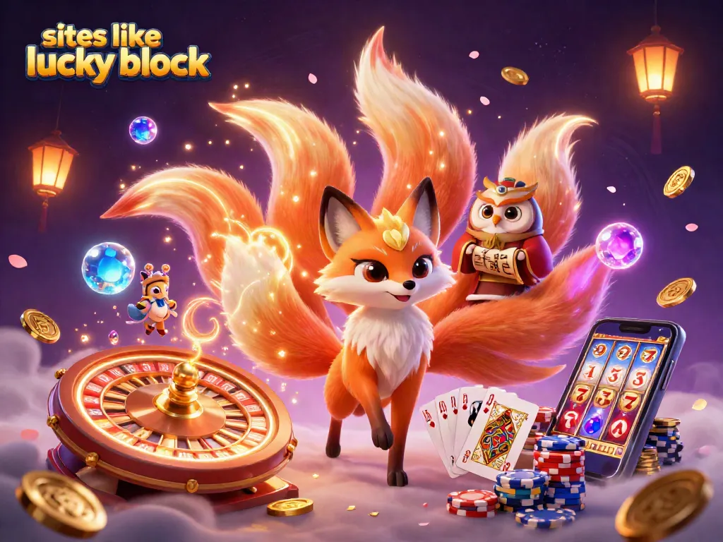 Play and win at thrilling sites like Lucky Block featuring vibrant animated scenes and casino elements.