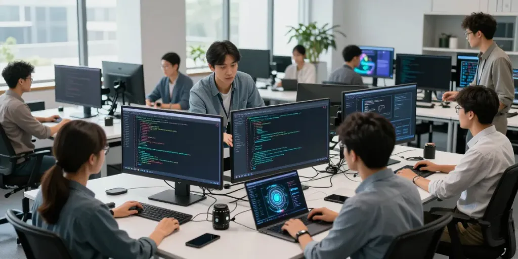 Diverse team engaging in GPU computing projects in a modern tech workspace.