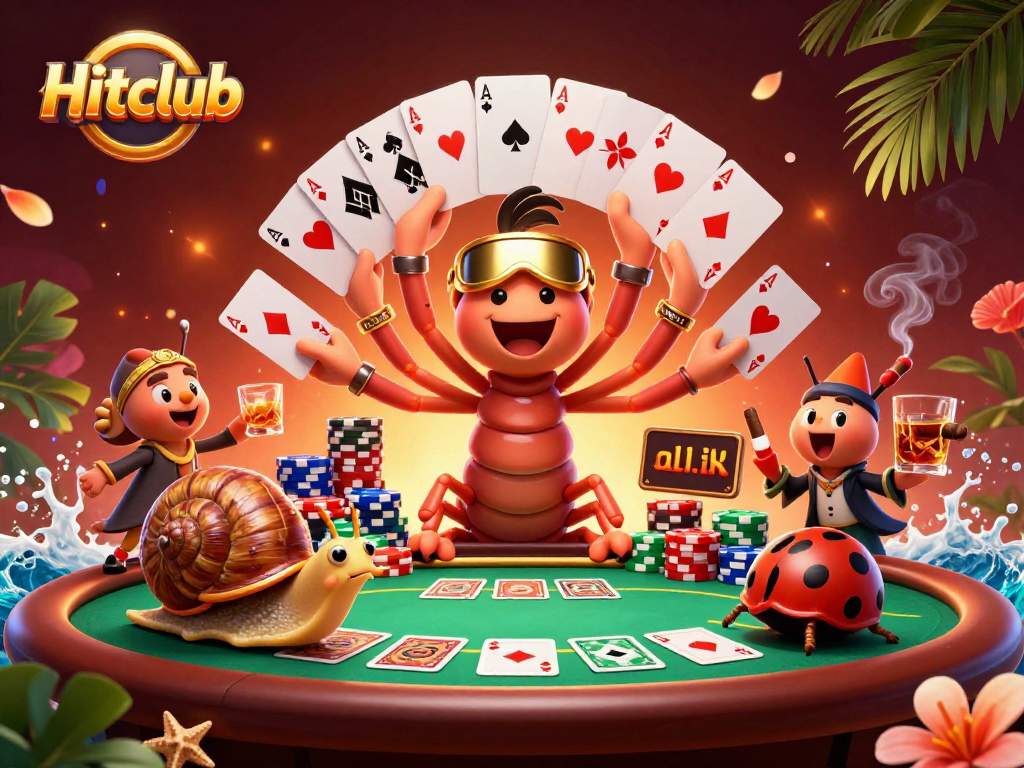 Hitclub's exciting 3D cartoon illustration of a millipede dealer and high-roller, surrounded by poker game elements